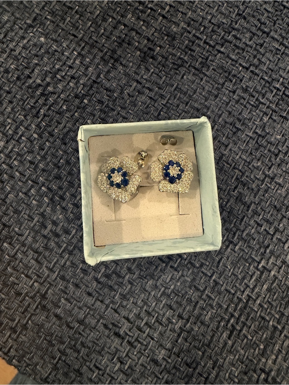 Crystal Flower Stud Earrings with Blue Center